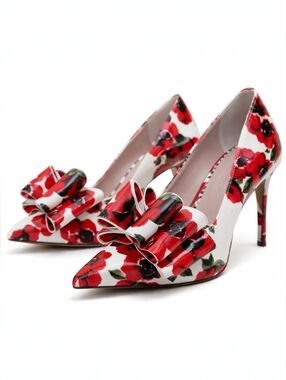Betsey Johnson Prince-P Bow Pumps Size 6 Red Floral Pointed Toe Heels 3.5"